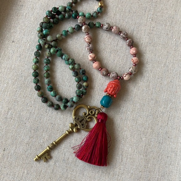 HP⭐️ Boho Laura Hansen Designs Chrysocolla Jasper Mala Necklace Key, Tassel - Picture 2 of 6